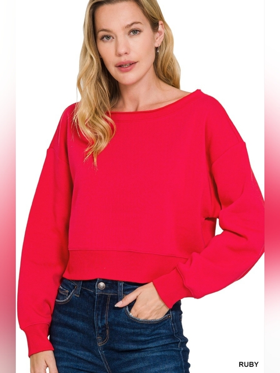 Zenana Outfitters Sweaters - Zenana Fleece Boat-neck Sweatshirt- Ruby Red